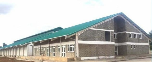 Green-roofed masonry building with long-span roof